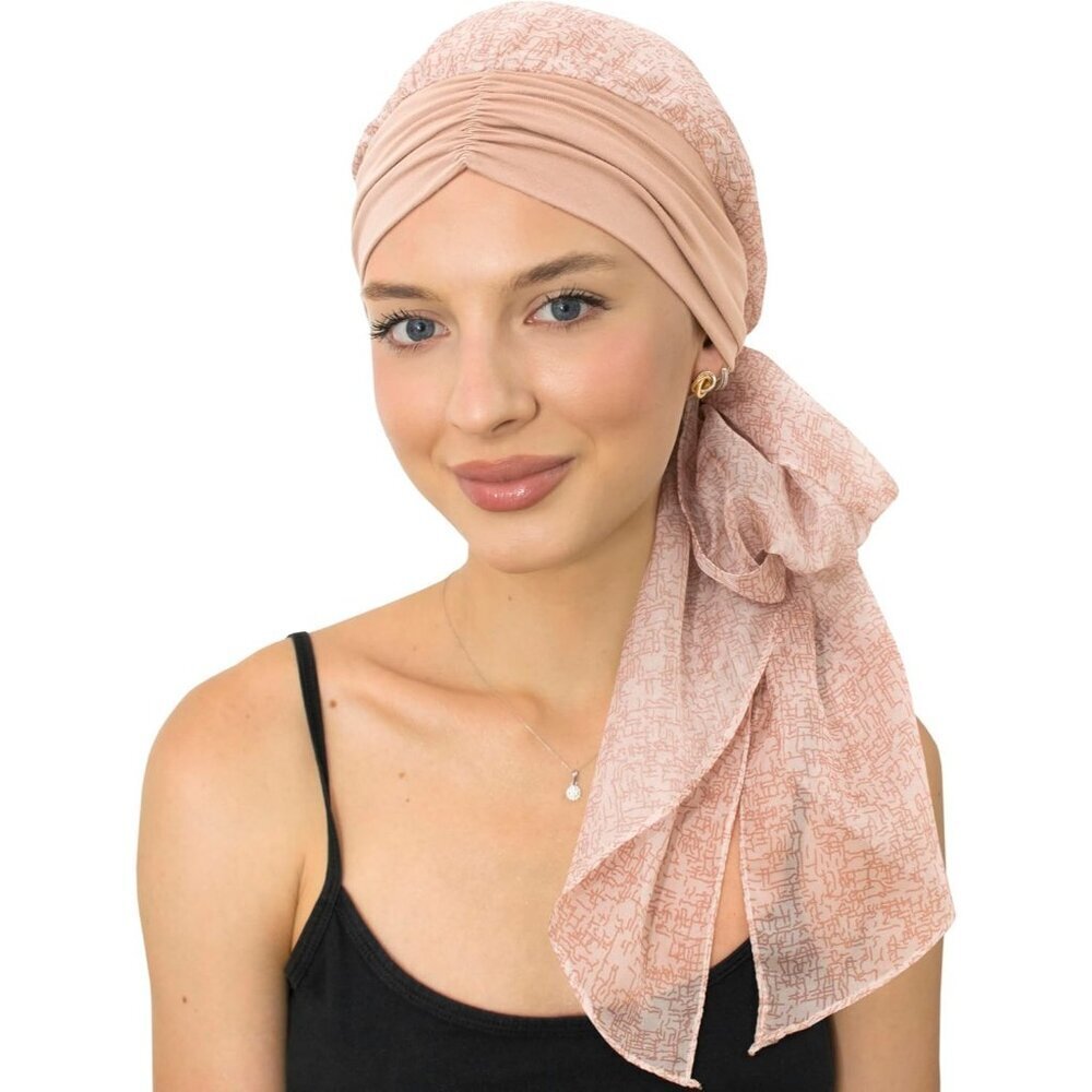 Women’s Beige Texture Scarf Skull Cap Chemo Headwear Hair Loss Turban